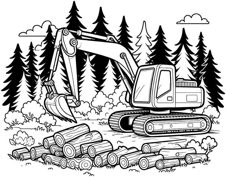 bagger-im-wald-holzstaemme-malvorlage