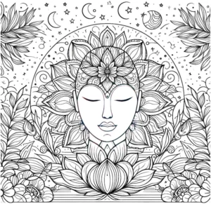 buddha-motiv-ausmalvorlage-mit-blumen-und-sternen