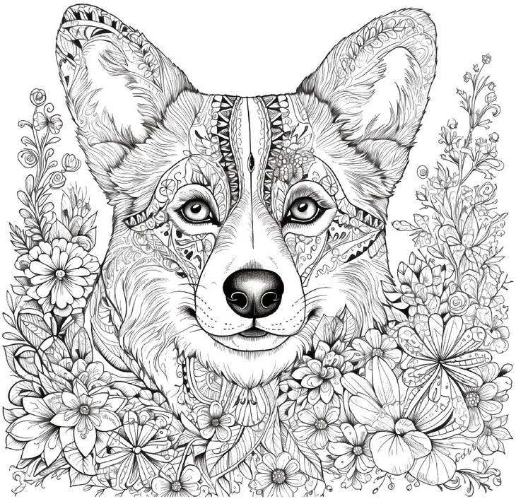 corgi-mit-floralem-muster-malvorlage