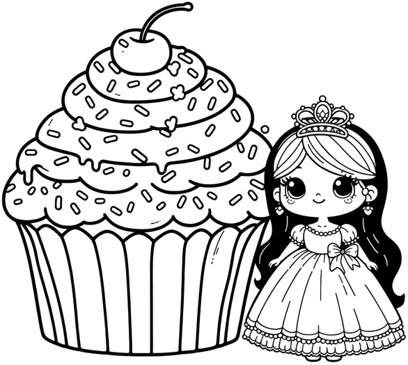cupcake-und-prinzessin-ausmalbild-vorlage