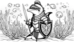 delfin-im-ritterkostuem-unter-wasser-malvorlage