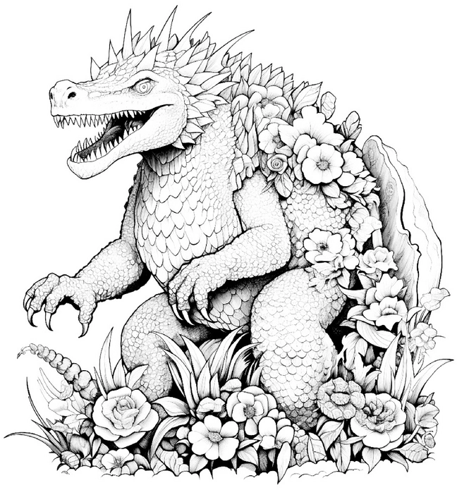 dinosaurier-mit-blumen-motiv-malvorlage