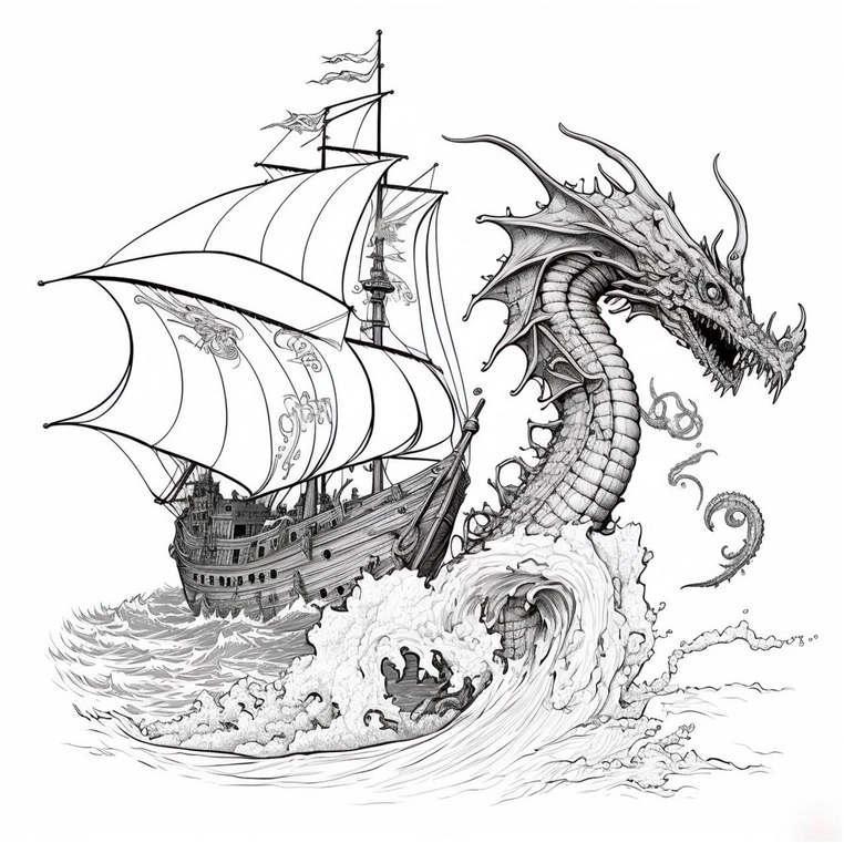 drachen-und-schiff-abenteuer-malvorlage