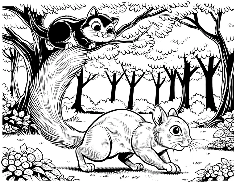eichhoernchen-katze-im-wald-ausmalvorlage