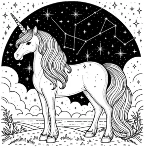 einhorn-mit-sternen-und-konstellationen-malvorlage