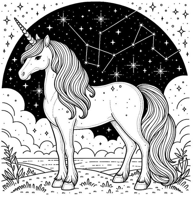 einhorn-mit-sternen-und-konstellationen-malvorlage