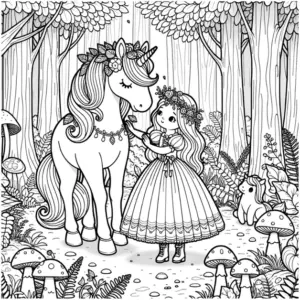 einhorn-und-prinzessin-im-wald-ausmalbild
