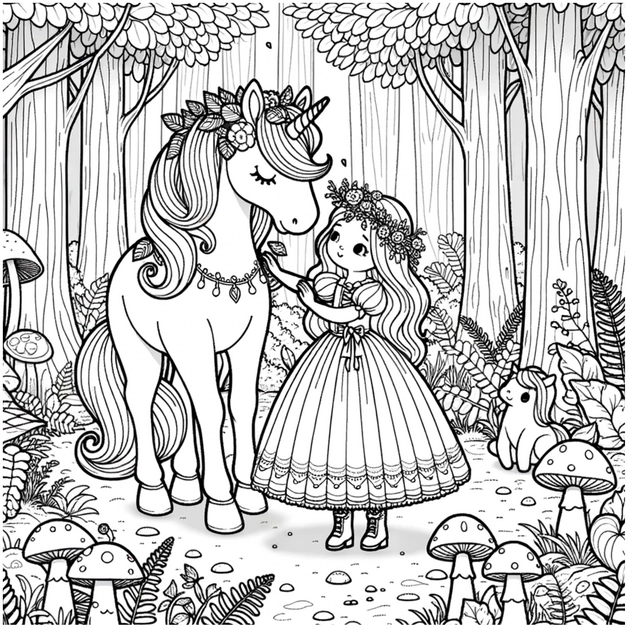 einhorn-und-prinzessin-im-wald-ausmalbild