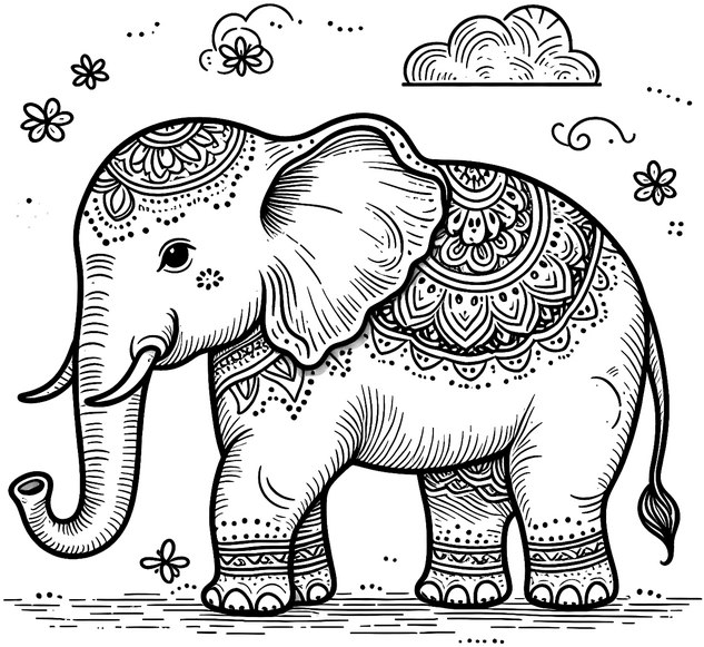 elefant-mit-mustern-und-blumen-ausmalvorlage