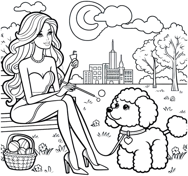 frau-mit-hund-in-stadt-ausmalbild