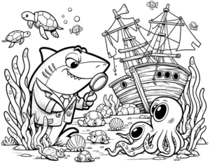 hai-und-oktopus-mit-piratenschiff-ausmalvorlage