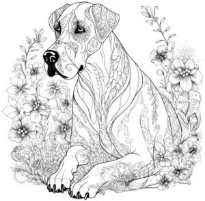 hund-umgeben-von-blumen-ausmalvorlage