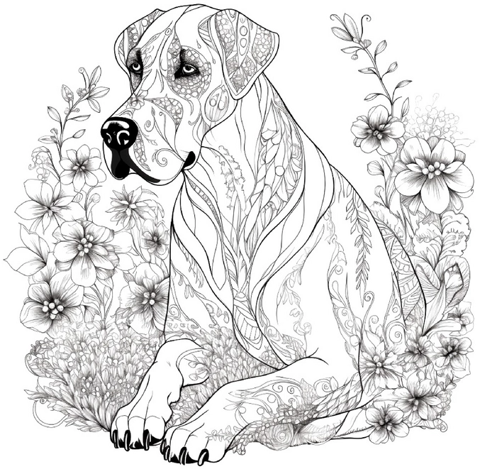 hund-umgeben-von-blumen-ausmalvorlage