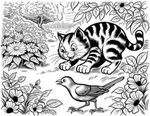 katze-vogel-blumenfeld-ausmalvorlage