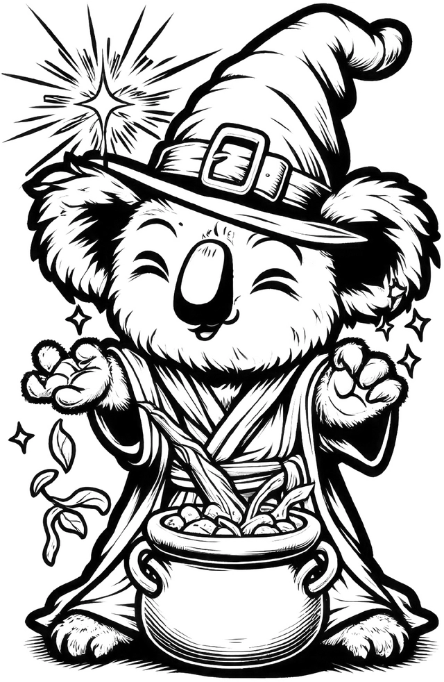 koala-zauberer-mit-kessel-und-funken