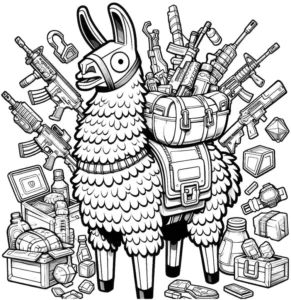 lama-mit-waffen-und-schaetzen-ausmalvorlage