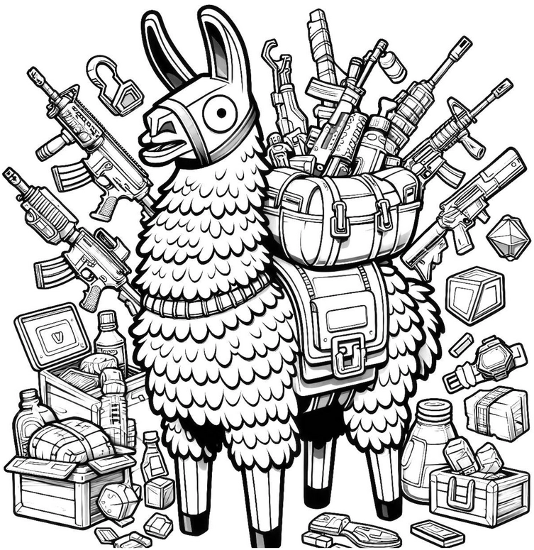 lama-mit-waffen-und-schaetzen-ausmalvorlage
