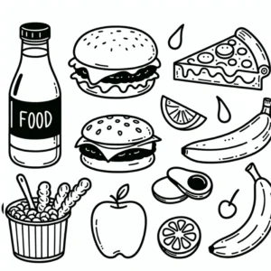 lebensmittel-ausmalvorlage-mit-obst-und-burger