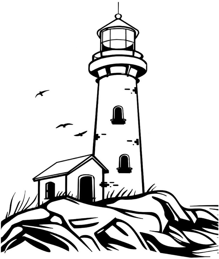 leuchtturm-ausmalbild-auf-felsen-mit-voegeln