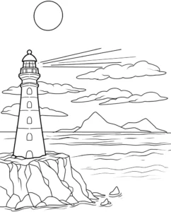 leuchtturm-mit-sonne-und-wolken-malvorlage