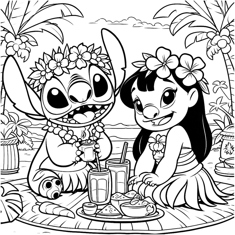 lilo-und-stitch-malvorlage-picknick-am-strand