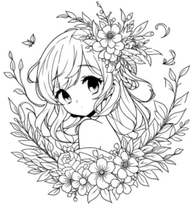 maedchen-mit-blumen-und-schmetterlingen-ausmalvorlage