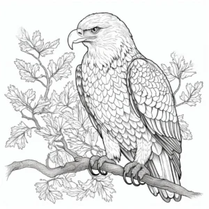 malvorlage-adler-auf-ast-mit-laubbäumen