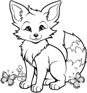 malvorlage-anmutiger-fuchs-blumen-schmetterlinge