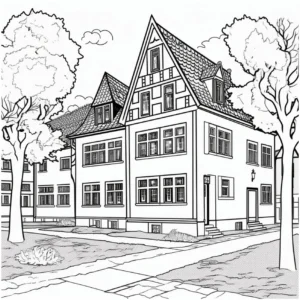 malvorlage-architektonisches-haus-mit-baeumen-und-garten