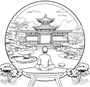 malvorlage-asiatischer-garten-mit-meditierendem-menschen