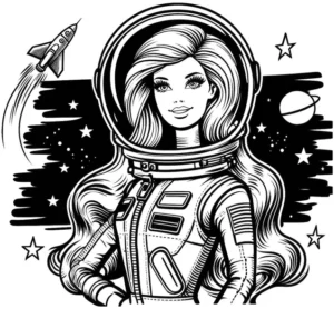 malvorlage-astronautin-im-weltall-mit-rakete-und-sternen
