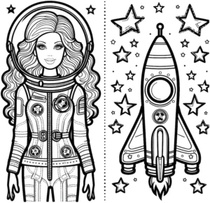 malvorlage-astronautin-im-weltall-mit-raumschiff-und-sternen