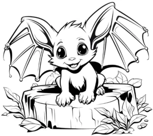 malvorlage-baby-fledermaus-auf-baumstumpf