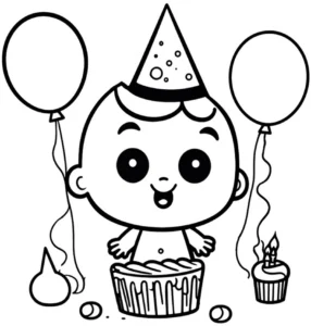 malvorlage-baby-geburtstag-mit-torte-und-luftballons