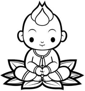 malvorlage-baby-in-meditationspose-auf-blaettern
