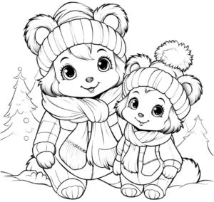 malvorlage-baerenkinder-im-winter-mit-muetzen