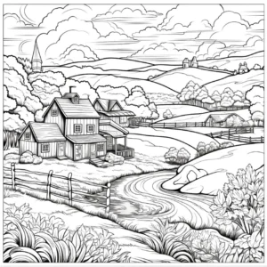 malvorlage-bauernhaus-in-einer-naturlandschaft