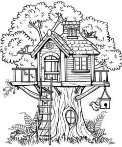 malvorlage-baumhaus-mit-voegeln-in-der-natur