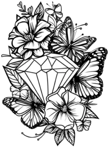 malvorlage-blumen-und-schmetterlinge-mit-edelstein