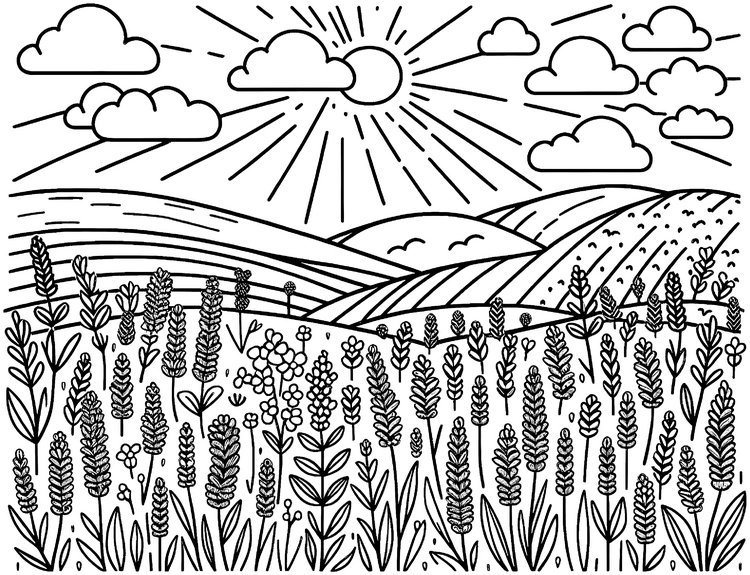 malvorlage-blumenlandschaft-sonne