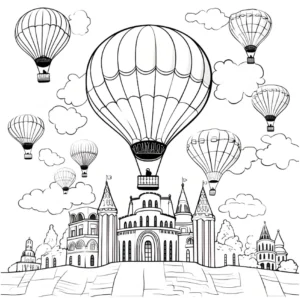 malvorlage-burg-mit-heissluftballons-und-wolken