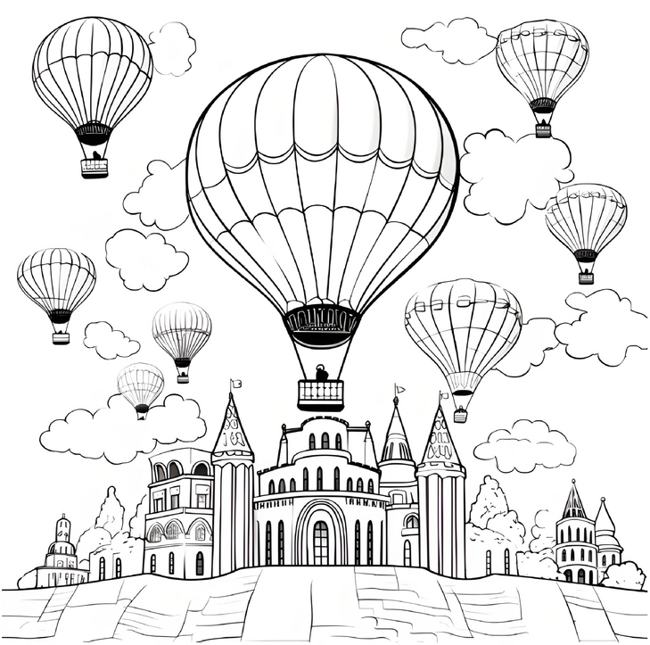 malvorlage-burg-mit-heissluftballons-und-wolken