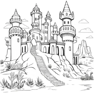 malvorlage-burg-mit-tuern-und-treppe