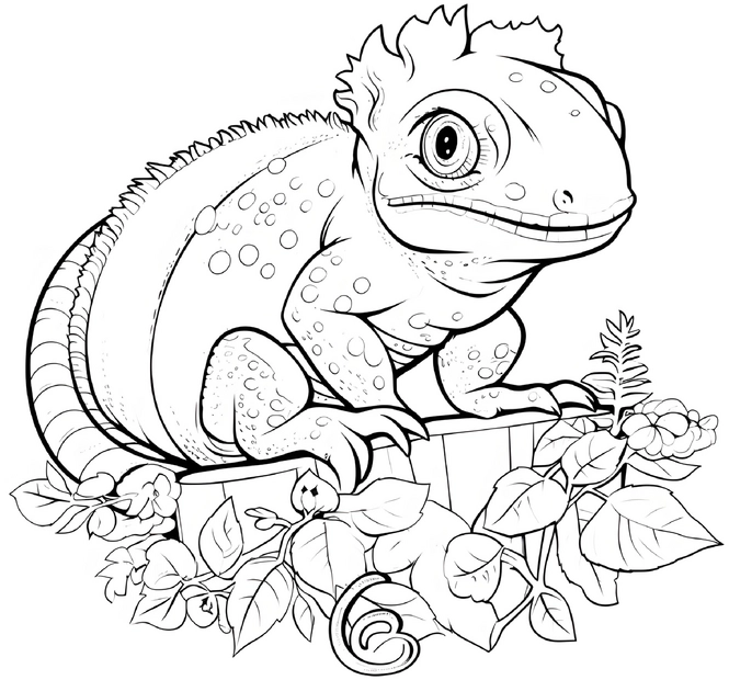 malvorlage-chamaeleon-auf-baumstamm-mit-pflanzen