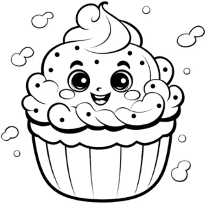 malvorlage-cupcake-mit-froehlichem-gesicht-und-blasen