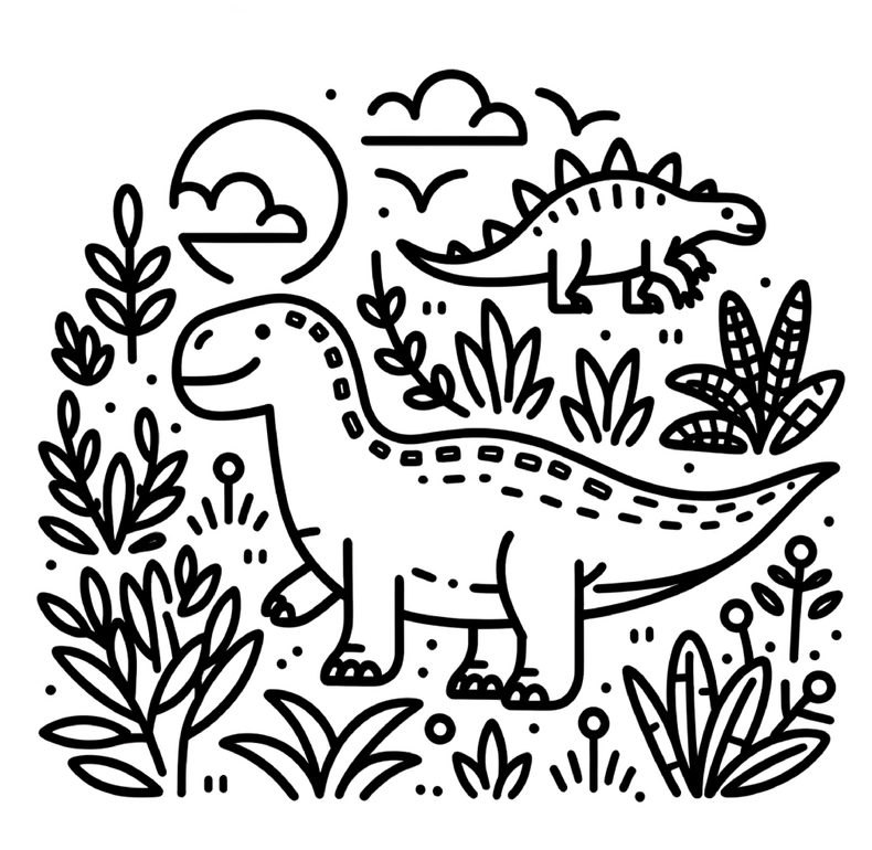 malvorlage-dinosaurier-im-dschungel-mit-pflanzen-und-sonne