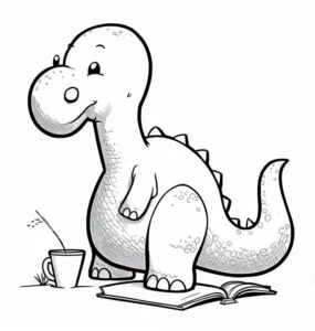 malvorlage-dinosaurier-mit-buch-und-tasse