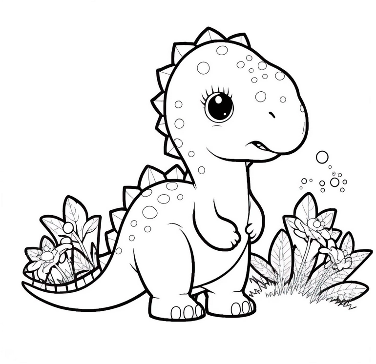 malvorlage-dinosaurier-mit-pflanzen-und-blumen