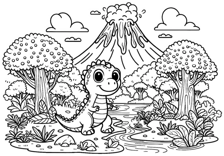 malvorlage-dinosaurier-vulkan-naturlandschaft