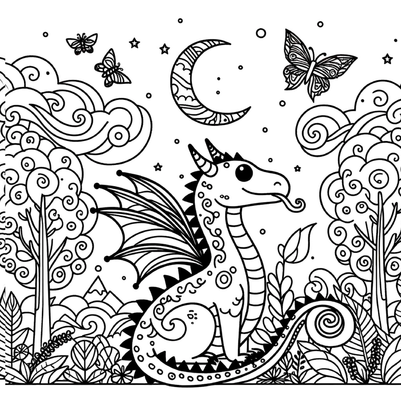 malvorlage-drache-in-zauberhafter-landschaft